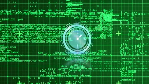 Digital clock animation over green matrix of computer code and data Video stock 303840716