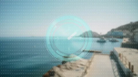 Digital clock animation over scenic coastal view with dotted pattern overlay Stock Footage 306202491