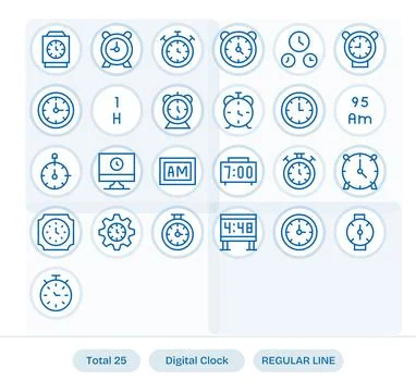 Digital Clock Complete Vector Package with 25 256x256 Regular Line Pixel Al.. Stock Illustration