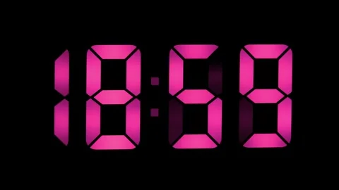 Digital clock display showing 18:59 in pink Stock Footage 337788923
