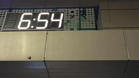 Digital clock display shows changing time and temperature readings in a mod.. 写真素材