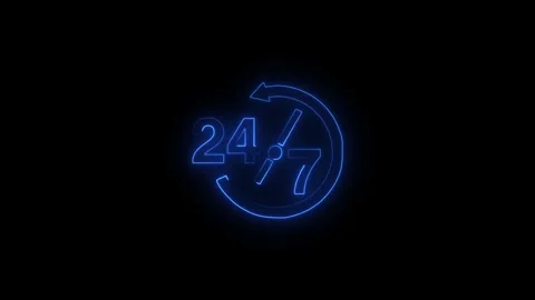 Digital clock displaying 24/7 in dark environment with glowing blue lines Stock Footage 345459198