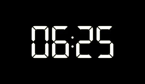 Digital clock displaying time on black background with white glowing led 库存插图