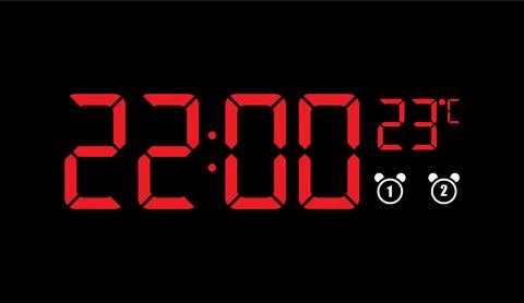 Digital clock glowing red numbers on black background showing time and room Stockillustratie