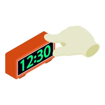 Digital clock icon isometric vector. Led digital alarm clock and human hand icon Stock Illustration