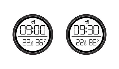 Digital clock icon showing different times with humidity and temperature Stock Illustration