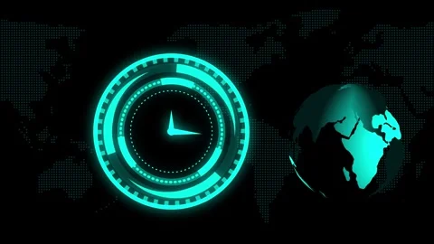 Digital clock integrates globe visualization with world map background. Dig.. Stock Footage 337368652