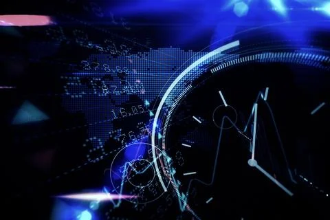 Digital clock interface is glowing over map showing numeric data and light Foto stock