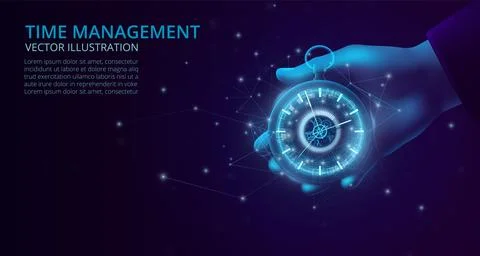 Digital clock. Low poly watch. Time management. Clockwork technology for Illustrazione stock