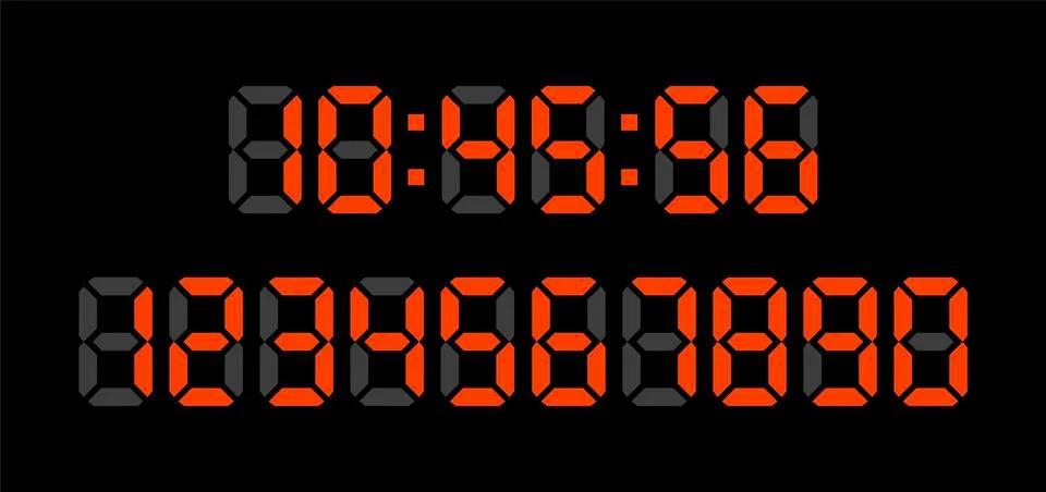 Digital clock numbers on black background. Set red numbers. Vector Stock Illustration