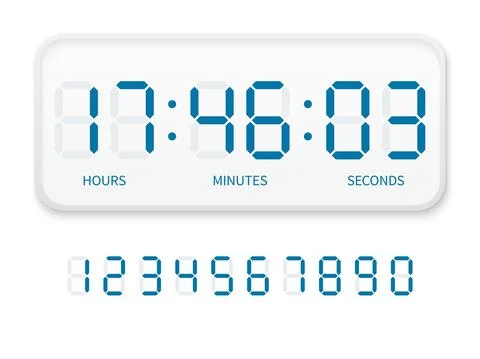 Digital clock numbers. Flat electron watch screen modern white alarm time Stock Illustration