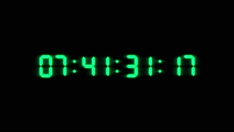 Digital clock random time count. Hours, minutes, seconds. Neon glow on black Stock Footage 147914771