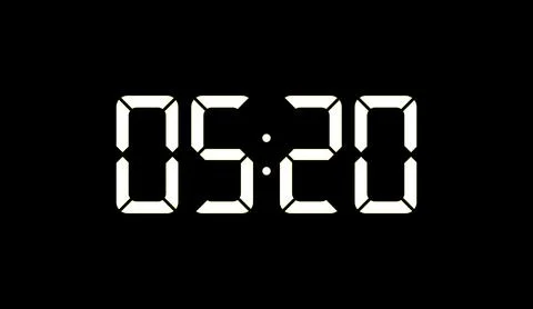 Digital clock showing time zero five twenty white neon glowing digits on dark Stock Illustration