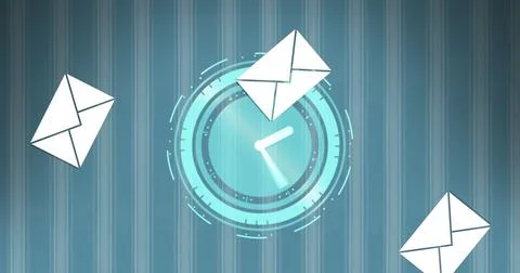 Digital clock surrounded by floating envelopes symbolizing fast email Illustrazione stock