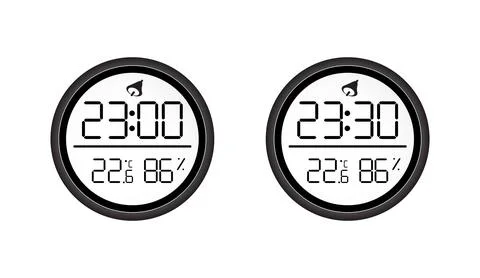 Digital clock with temperature and humidity display black and white icon set Stock Illustration