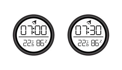 Digital clock with temperature and humidity monitor display in round black Stock Illustration