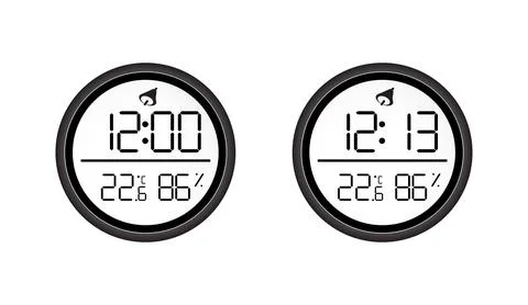 Digital clock with thermometer and hygrometer showing indoor climate data on Stock-Illustration
