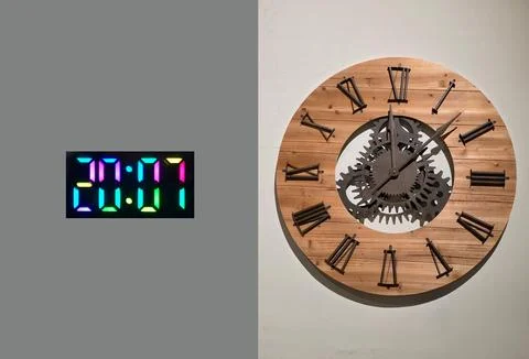 Digital Clock vs Mechanical Clock Time Concept Stock Photos