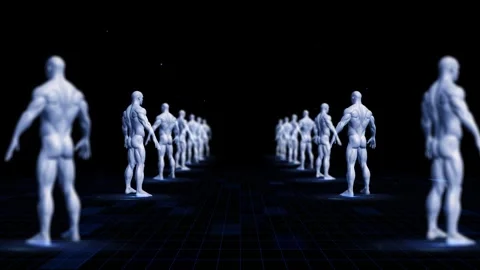 Digital Clones Aligned on Futuristic Grid in Virtual Reality Environment Stock Footage 339052414