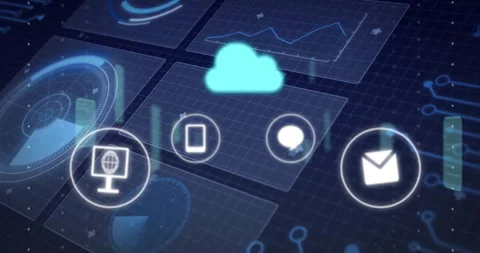 Digital cloud and device icons over data analytics and network connections Stock Footage 306201055