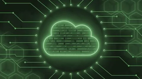 Digital cloud computing concept in green - binary code into data cloud Illustrazione stock