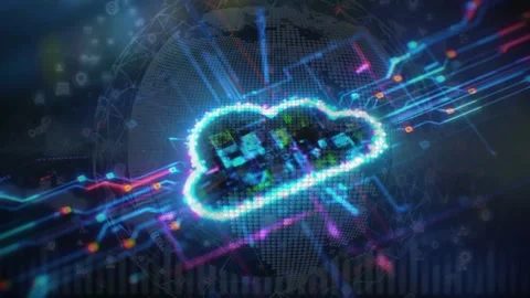 Digital Cloud Computing Icon Over Globe with Cyber Connectivity Lines Stock Footage 336900820