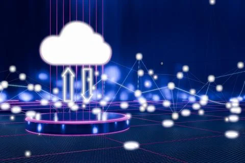 Digital cloud computing illustration with data connections and uploads Illustrazione stock