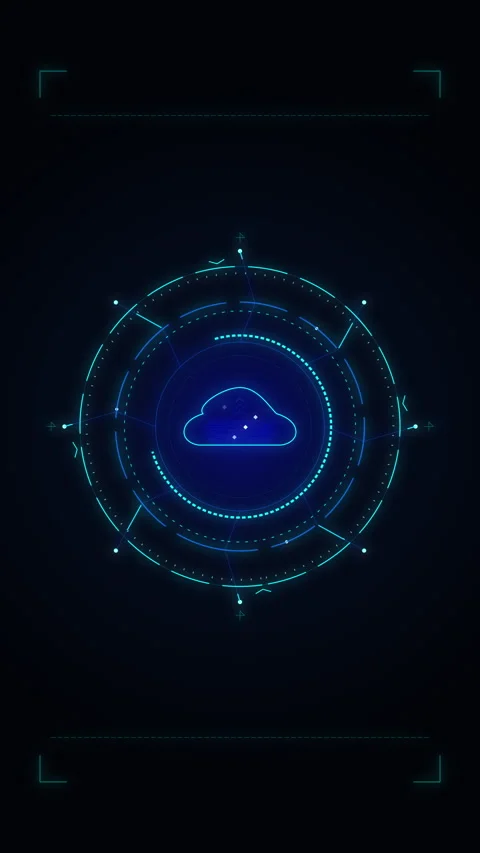 Digital cloud computing interface, network security, data storage, hud, rad.. Video stock 348328070