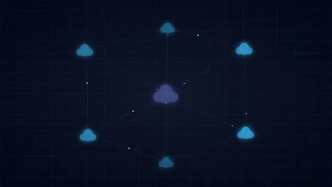 Digital cloud computing network nodes and data particles pulsing in dark blue Stock Footage 348334324