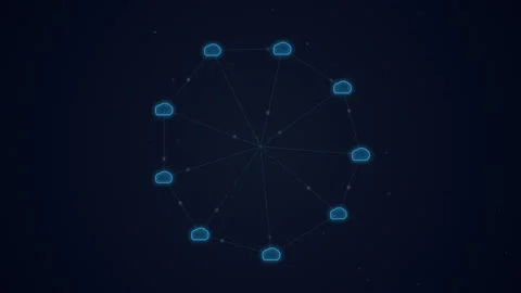 Digital cloud computing nodes and glowing data packets transferring in a network Stock Footage 348330281