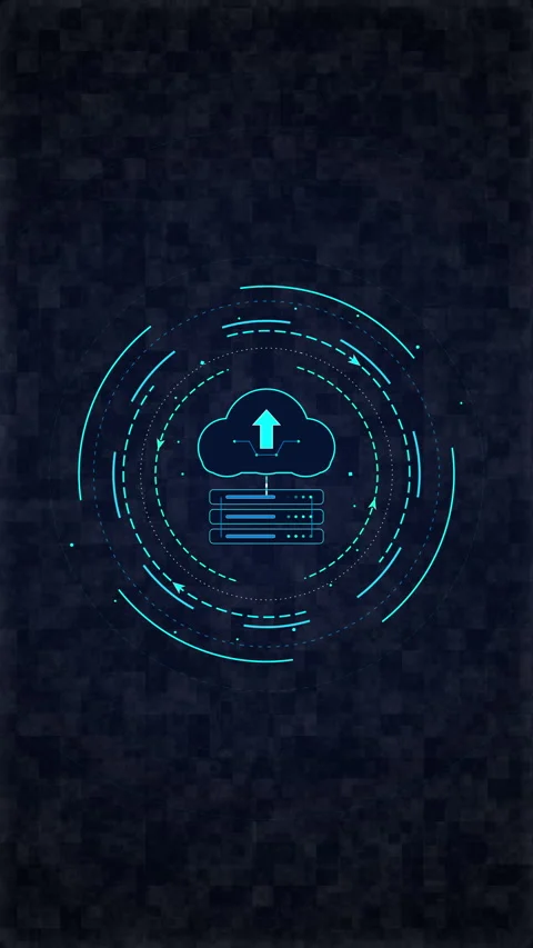 Digital cloud computing upload icon with glowing circular network interface.. Stock Footage 348328306