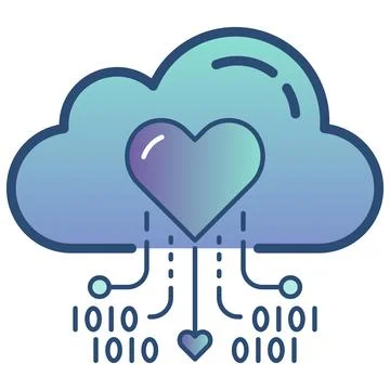 Digital cloud data computing heart with binary code flat icon. 库存插图