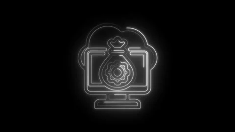 Digital cloud finance icon with money bag and gears glowing neon on black b.. Stock Footage 346122215