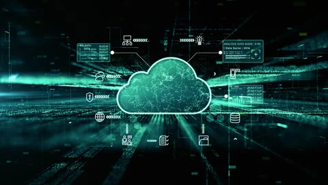 Digital cloud icon with data connections and futuristic interface elements. Stock Footage 313169050