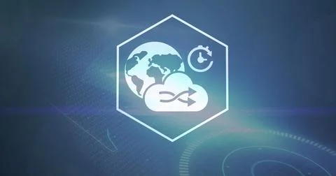 Digital cloud icon with globe and clock, symbolizing global data synchronization Stock Photos