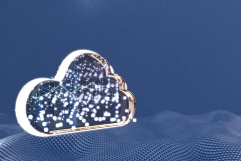 Digital cloud icon illuminated with blue lights over a grid surface. Stock Illustration