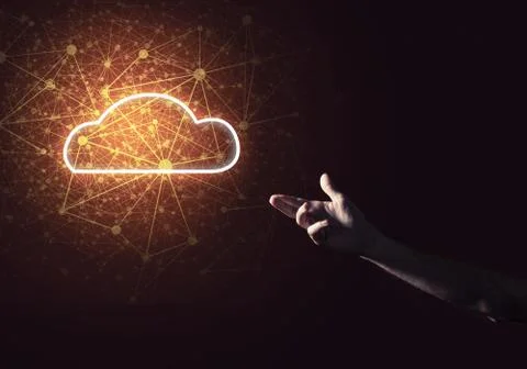 Digital cloud icon as symbol of wireless connection on dark back 스톡 사진