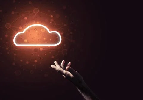 Digital cloud icon as symbol of wireless connection on dark back 스톡 사진