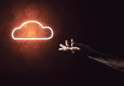 Digital cloud icon as symbol of wireless connection on dark back 스톡 사진