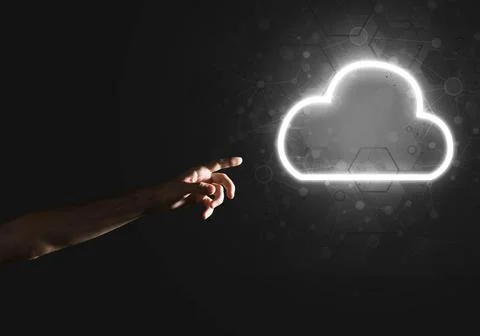 Digital cloud icon as symbol of wireless connection on dark background Man... Foto stock