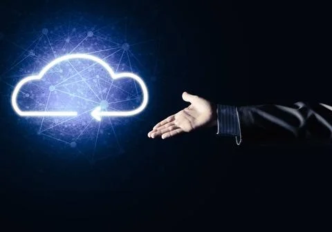 Digital cloud icon as symbol of wireless connection on dark background Bus... Foto stock