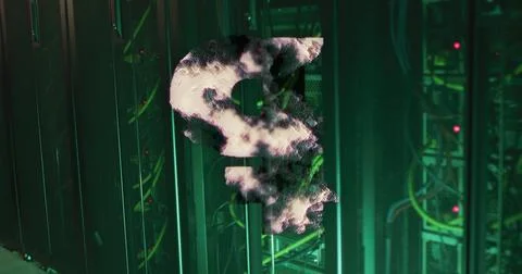 Digital cloud image over green server racks in data center Stock Photos