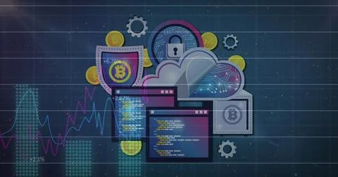 Digital cloud interface with cryptocurrency symbols and security icons on screen イラスト素材