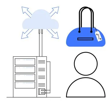 Digital cloud network emerging from a server connected to a user icon and han Stock Illustration