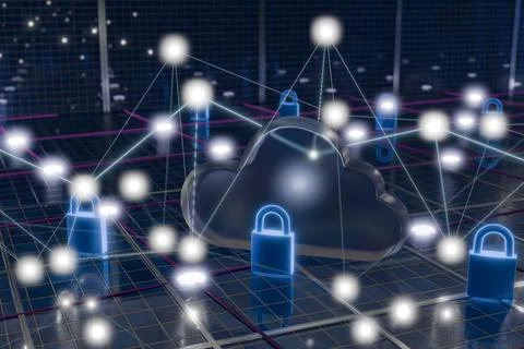 Digital cloud network with glowing locks, representing cybersecurity Stock Illustration