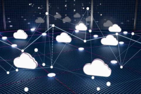 Digital cloud network with interconnected nodes representing data sharing イラスト素材
