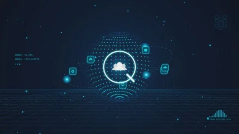 Digital cloud network sphere with nodes and icons in futuristic cyberspace .. Stock Footage 340971280