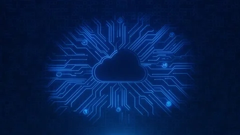 Digital cloud network technology visual blue circuit paths, glowing nodes, conne Stock Footage 340564533