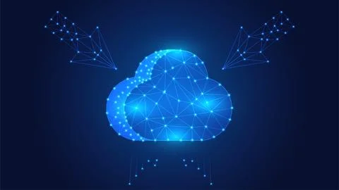 Digital cloud polygon. Data migration in transformation. Cloud computing co.. Illustrazione stock