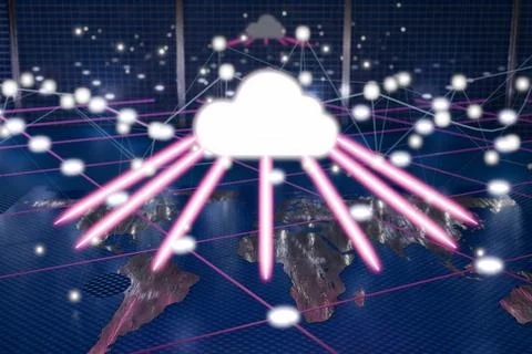 A digital cloud with rays over a global map, symbolizing connectivity Illustrazione stock